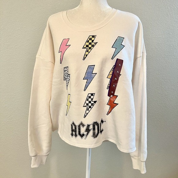AC/DC Grayson Threads Women's XL White Cropped Lightning Bolt Sweatshirt Band T - Picture 3 of 10
